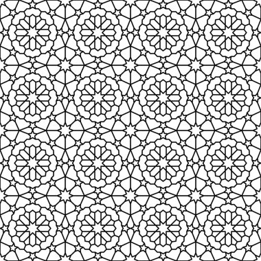Geometrik monokrom dikişsiz Arap deseni. İslami doğu tarzı. Paket kağıdı. Albüm kağıdı. Siyah ve beyaz vektör çizimi. Fas arkaplanı