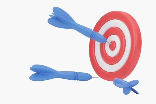 3d rendering Blue darts hitting the success target. Arrow hit the center of target. Business goal and achievement concept. Business target achievement concept. 3d render on a white background