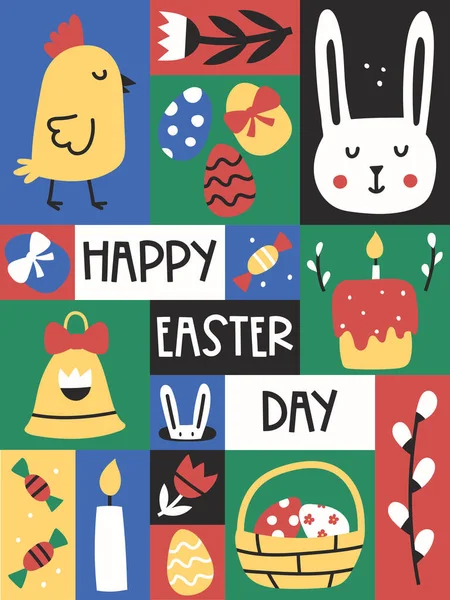 stock vector Easter graphic poster. Rectangular Greeting card with cute symbols of Easter. Happy Easter day. Retro pale colors. Flat Vector design with simple minimalistic elements for wall art, poster template.