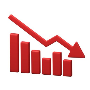 Aşağı doğru eğilimli bir grafik. Kırmızı Ok listenin altını işaret ediyor. Çizelge İşareti. Bir düşüş sembolü, bir fiyat düşüşü. 3 Boyutlu Resim Çizimi.