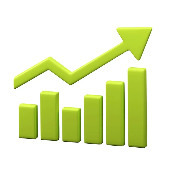 Green Arrow Up. Upward Arrow Indication Statistic. 3D Render Growth Chart Sign. Graphic Element Isolated On White Background. Trade Infographic.