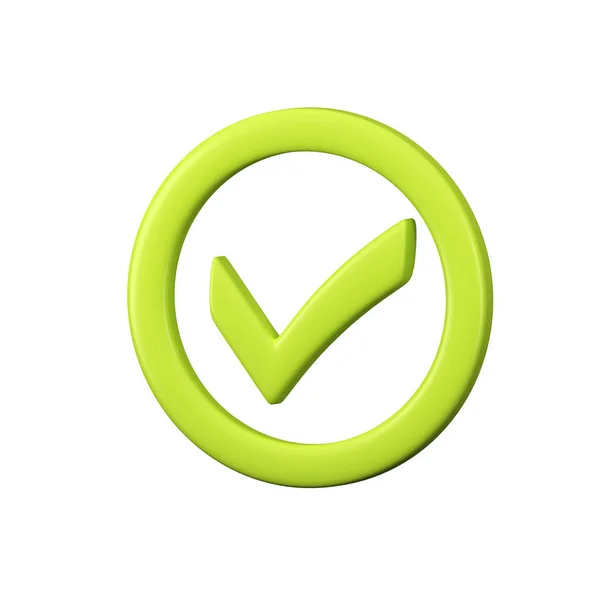 3D render Green Check Mark In Circle Shape. Round Icon Isolated On White Background. A Sign Of Correctness, Confirmation.