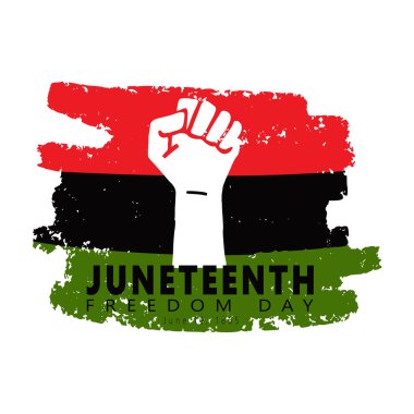 Haziran 'ın özgürlük günü. Sivri uçlu yumruk, Siyah Tarih Ayı Bayrağı 'na siyah el kaldırdı. Ulusal Afro-Amerikan Bağımsızlık Günü 'nün sembolü. Tarih ve miras. Vektör illüstrasyonu.