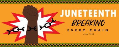 Yumruğunu sıkmış bir afiş. 1865 'ten beri tüm zincirleri kırıyor. Afro-Amerikan Ulusal Bağımsızlık Günü. Haziran Özgürlük Günü 'nde. Afrika Kalıplı Sarı Arkaplanda Vektör Resimleri