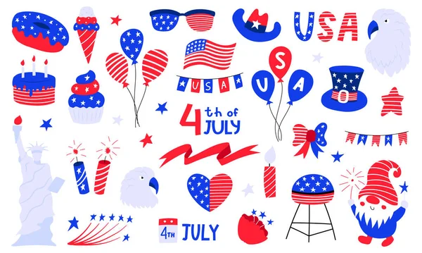 stock vector Set of USA national symbols for independence day. 4th July clip art. Top hat, balloons, star, gnome, eagle, american flag, statue of liberty. Vector illustrations isolated on white background.