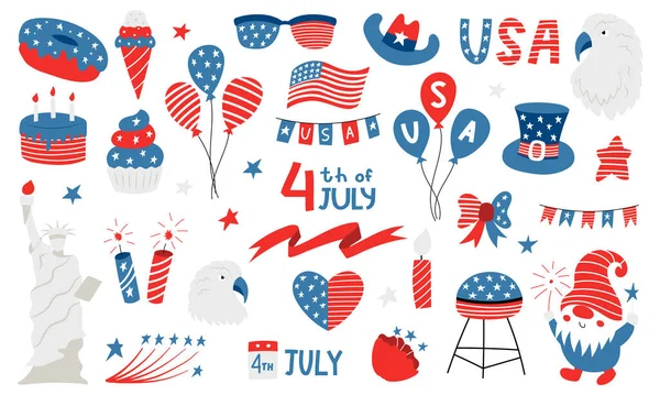 独立記念日のためのアメリカの国民のシンボルの米国 7月4日 アメリカ国旗 ノーム 自由の女神 白を基調としたレトロなカラーのベクトルイラスト — ストックベクタ