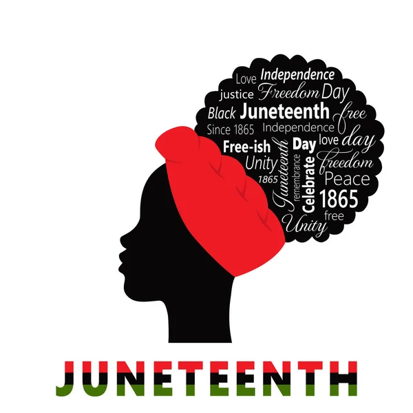 Haziran 'da. Afrikalı Kadın Silüeti ve Afro-Amerikan tarihi ve mirasını simgeleyen kelimeler içeren tipografik poster, Ulusal Bağımsızlık Günü. Beyaz Arkaplanda Vektör illüstrasyonu