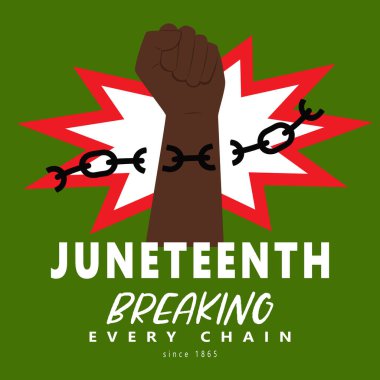 1865 'ten beri tüm zincirleri kıran bir Yumruk. Afro-Amerikan halkının özgürlük sembolü. Haziran Özgürlük Günü 'nde. Ulusal Bağımsızlık Günü. Yeşil Arkaplanda Vektör Resimleri.