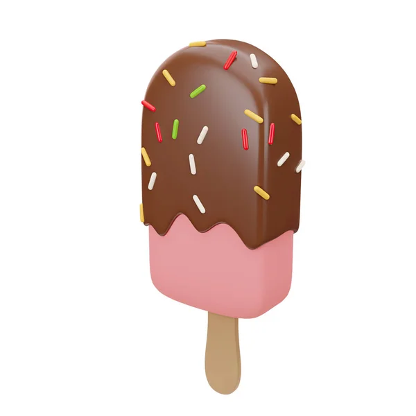 三维渲染粉红冰棒与巧克力结冰和洒水 夏季甜点 粘土3D风格的明亮插图 被白色背景隔离 — 图库照片
