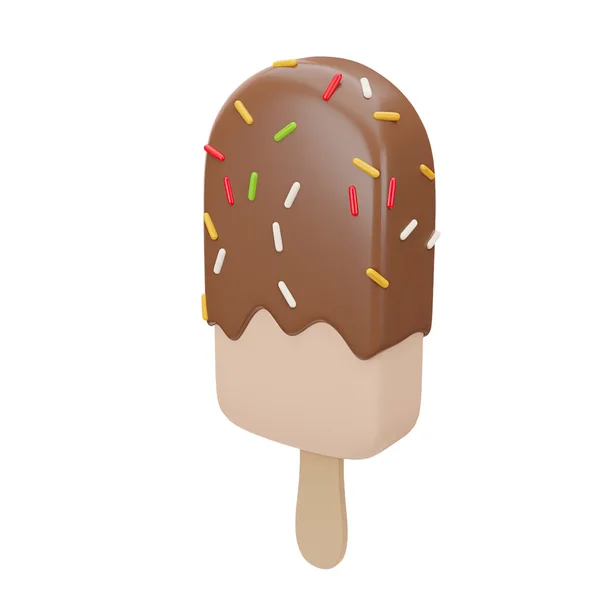 三维渲染棒棒糖与巧克力结冰和洒水 夏季甜点 粘土3D风格的明亮插图 被白色背景隔离 — 图库照片