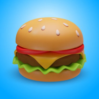 Vektör 3 boyutlu çizburger. Üç boyutlu Fast Food, Hamburger. Hurda Sağlıksız Yemek. Parlak Plastik, Mavi Arkaplanda Çizgi Film Biçimi