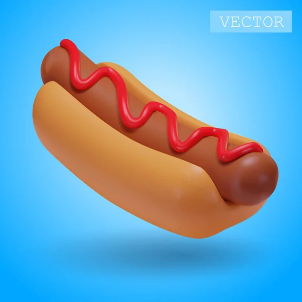Rendering Hot Dog Dengan Saus Tomat Makanan Cepat Saji Gendut - Stok Vektor