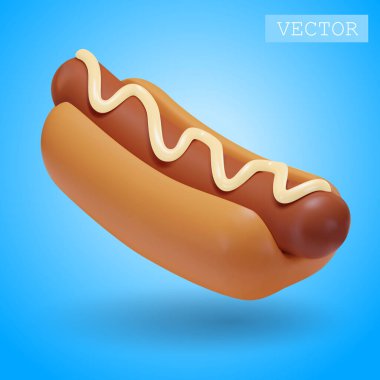 Beyaz sosisli ve mayonezli 3D bir sosisli. Fast food. Şişko, sağlıksız, sağlıksız yiyecekler. Çizgi film, plastik, kil 3D stili parlak illüstrasyon. Beyaz bir arkaplanda izole edilmiş