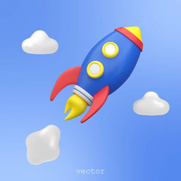 ベクトル3D飛行宇宙ロケット 宇宙船の打ち上げ ロケットは雲の上を飛ぶ ビジネス スタートアップの概念 青い背景のベクトル3Dイラスト — ストックベクタ