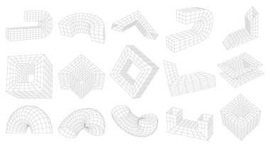 Vektör Soyut Garip Geometrik Kablo 3D şekiller. Perspektif bozulmuş ızgara, 3 boyutlu teknoloji ağı. Gaddarlık ve grafik tasarım objelerinden esinlenilmiş farklı doğrusal elementler kümesi.