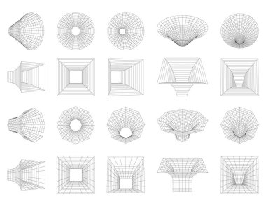 Bir dizi kablo geometrik şekiller. Ağ hattı konsepti. Çokgen şekiller, bacalar, tüneller, deforme olmuş, deforme olmuş şekiller, ızgaralar. Üç boyutlu ağ. Grafik tasarım elementleri. Vektör illüstrasyonları