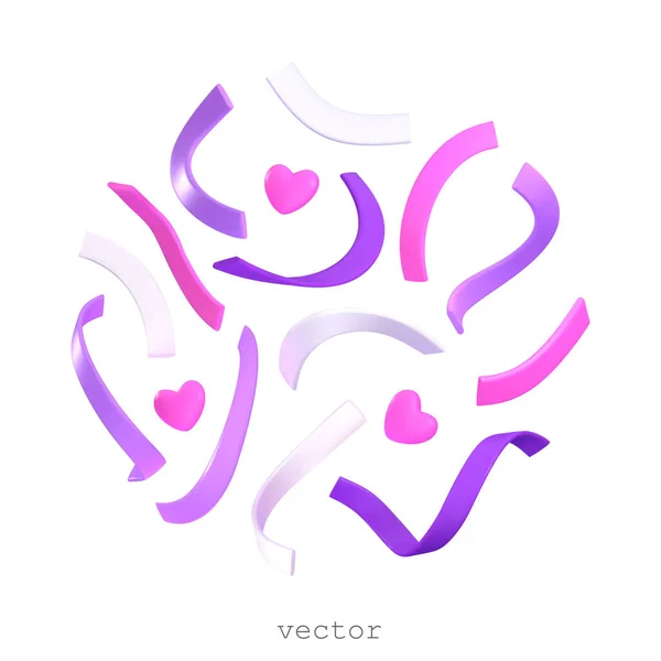 Ensemble Vecteur Serpentine Coeurs Éléments Pétards Roses Violets Colorés Sous — Image vectorielle
