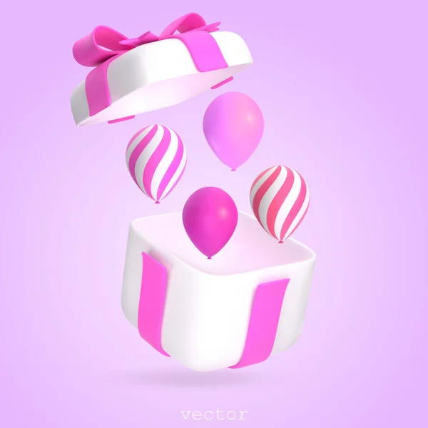 Gift Box Air Balloons Open Present Box Pink Ribbon Bow — Stock Vector