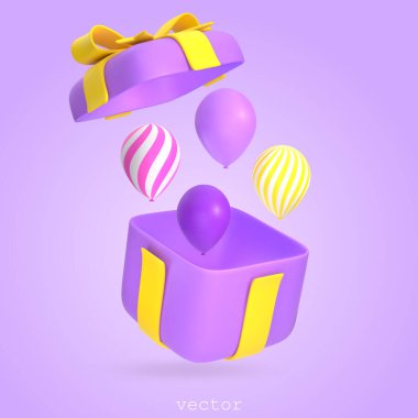 Hava Balonlu 3D Mor Hediye Kutusu. Sarı kurdele ve fiyonklu hediye kutusunu aç. Sürpriz, doğum günü partisi, yıldönümü. Plastiksi Çizgi Film Biçiminde Vektör Resmetme