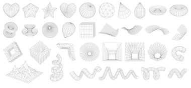 Soyut kablo üç boyutlu geometrik şekiller kümesi. Izgara ızgaraları. Küp, damla, spiral, dağ manzarası, yıldız, kalp, bozuk uçaklar, huni. Grafik tasarım elementleri beyaza izole edildi. Düzenlenebilir vuruşlar