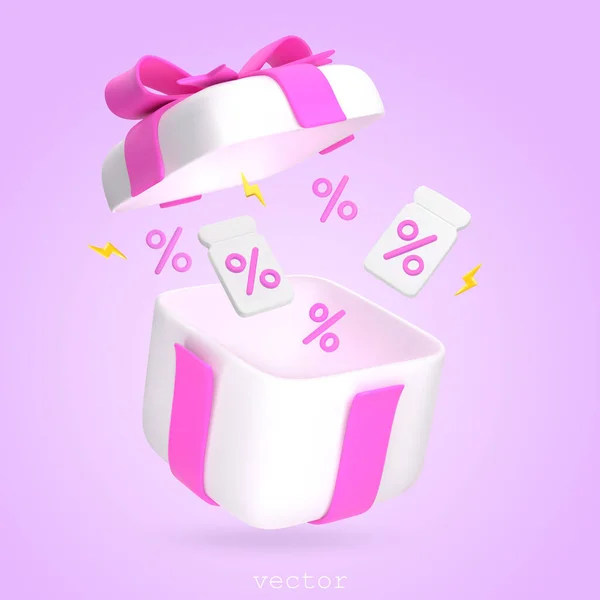 Open Gift Box Pink Ribbon Bow Flying Gift Tag Coupon — Stock Vector