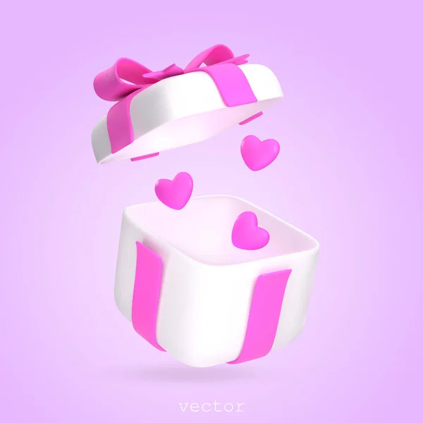 Vector Open Gift Box Pink Ribbon Bow Flying Hearts День — стоковий вектор