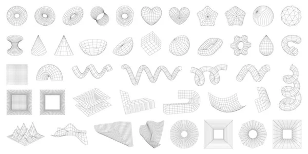 Conjunto Formas Geométricas Figuras Abstractas Alambre Torus Espirales Engranajes Corazón — Vector de stock