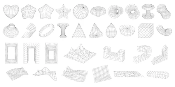Conjunto Wireframe Formas Geométricas Figuras Abstratas Grades Malha Distorcidas Montanhas —  Vetores de Stock