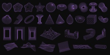 Üç boyutlu kablo geometrik şekiller kümesi. Soyut figürler, dağınık ağ örgüleri. Dağlar, koni, bozuk uçaklar, kavisler, küp, kara delik, küre. İzole edilmiş grafik tasarım elementleri. Düzenlenebilir vuruşlar