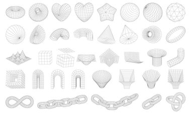 Üç boyutlu kablo geometrik şekiller kümesi. Kablo çerçeve figürleri. Bölünmüş ağ örgüleri. Zincir, koni, Sonsuzluk Sembolü, yay, yıldız, küre, düğüm. İzole edilmiş Grafik Tasarım Elementleri.