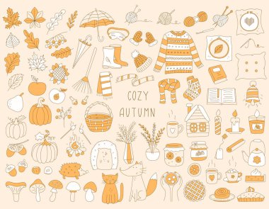 Sonbaharı, konforu ve hasatı simgeleyen el yapımı elementler. Sonbahar için renk monokrom tasarım nesneleri, sonbahar tasarımı. Sıcak kıyafetler, yapraklar, sıcak içecekler. Şirin vektör çizimleri.