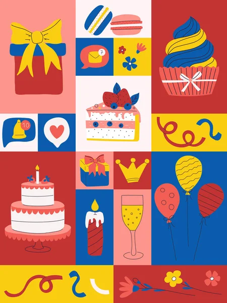Cartão Felicitações Aniversário Brilhante Cartaz Colorido Com Símbolos  Férias Celebração imagem vetorial de Soloveva2686© 670530762