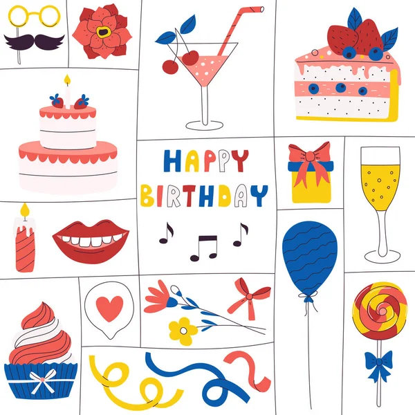 Cartão Felicitações Aniversário Brilhante Cartaz Colorido Com Símbolos  Férias Celebração imagem vetorial de Soloveva2686© 670530762