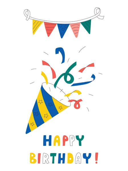 Cartão Aniversário Com Poppers Bandeiras Palavras Desenhadas Mão Feliz Aniversário — Vetor de Stock