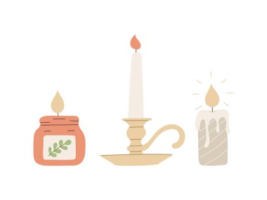 Mum tutacağında yanan mumlar, kavanoz. Sıcaklığın, dinin, kutlamaların, ezoterikizmin, ruhaniliğin, çalışmanın sembolü. Beyaz arkaplanda izole edilmiş düz çizgi film renk vektörü çizimi.