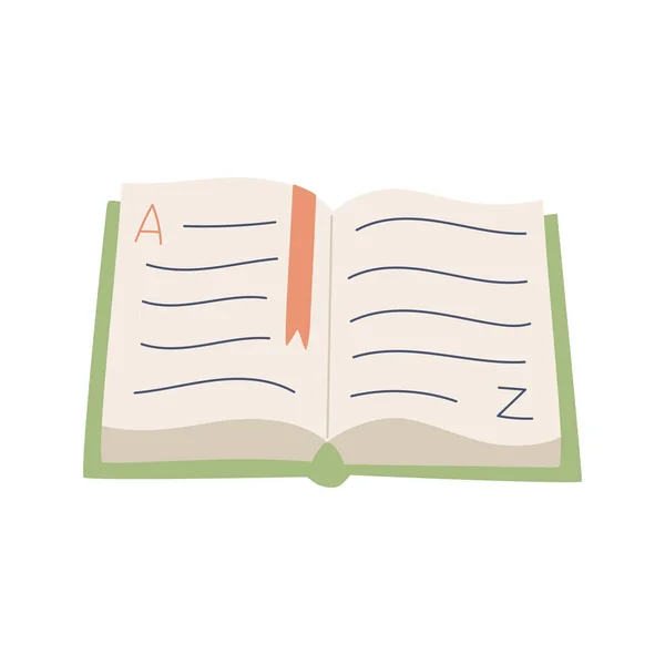 桌上放着一本书 一本字典 上面有两个字母 A和Z一本有书签的教科书 在白色背景上孤立的平面卡通风格中的彩色矢量插图 — 图库矢量图片