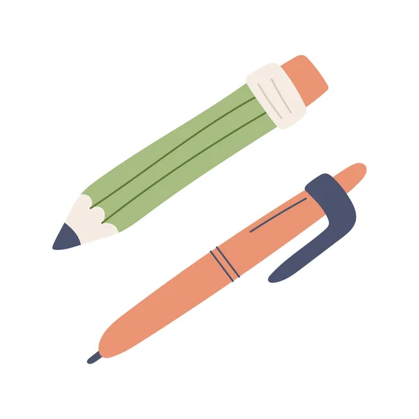 铅笔用橡皮和圆珠笔 文具学校用品 简单的设计平坦的卡通风格 在白色背景上孤立的彩色矢量图 — 图库矢量图片#