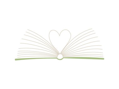 Sayfaları kalp şeklinde katlanmış açık bir kitap. Kitap bilginin, öğrenmenin sembolüdür. Okuma, edebiyat ve öğrenme aşıkları için bir kavram. Basit düz vektör çizimi beyaza izole edildi