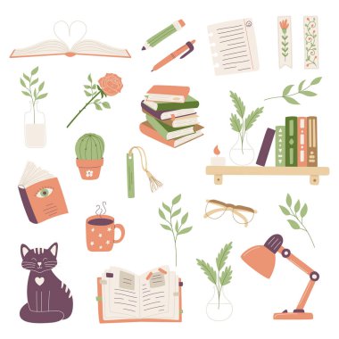 Bir dizi kitap ve dekoratif öğeler, okumayı, öğrenmeyi sembolize ediyor. Kitap yığını, kitap ayracı, kitaplık, masa lambası. Beyaz zemin üzerinde izole edilmiş en küçük düz çizgi film vektör çizimi