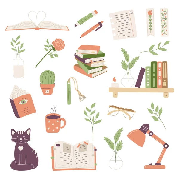 Conjunto Livros Elementos Decorativos Simbolizando Leitura Aprendizagem Pilha Livros Marcador — Vetor de Stock