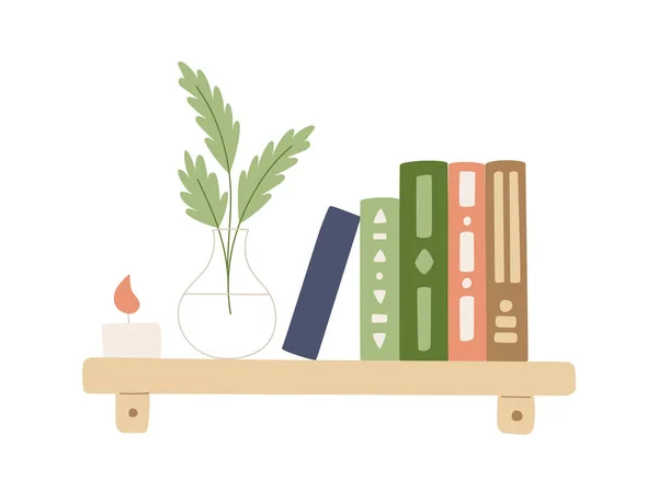 Uma Prateleira Com Livros Uma Vela Vaso Com Flores Abstratas — Vetor de Stock