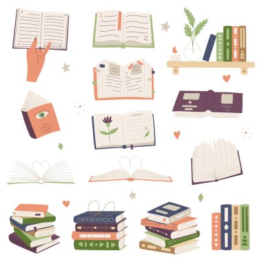 Kitapseverlere göre ayarlandı. Eldeki kitaplar, yığınla kitap, kitaplık, açık kitap. Okuma, eğitim, öğrenme. Çizgi film düz vektör çizimi beyaz arkaplanda izole edildi.