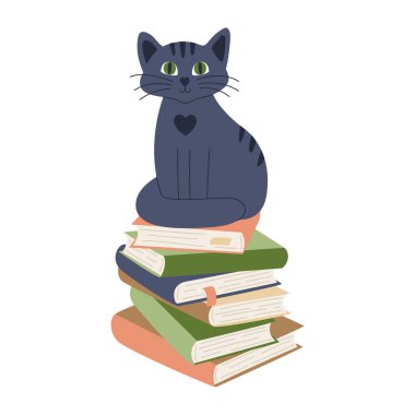 Kitap yığınının üzerinde oturan sevimli bir kedi. Yer imleriyle kaplı bir yığın kitap. Ev kütüphanesi. Beyaz arkaplanda izole edilmiş düz çizgi film vektör çizimi