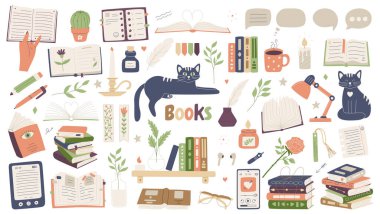 Kitap seti okuyorum. Okuyan aşıklar için. Kitapları, yığınları aç, gözlük, sesli kitap, raftaki kitaplar, konuşma baloncukları, kediler, beyaz arkaplanda izole edilmiş yassı çizgi film çizimleri