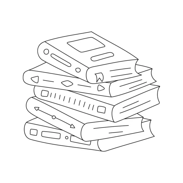 一堆有精装书和书签的书 手绘了一堆堆书 科学的象征 在白色上孤立的黑色白色涂鸦矢量图解 — 图库矢量图片