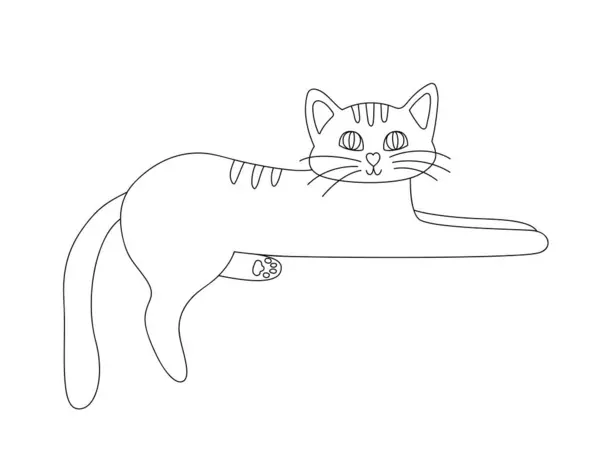 一只长着一双眼睛的可爱的手牵着一只躺着的猫 家庭宠物的涂鸦风格 在白色背景上孤立的黑白轮廓矢量图 — 图库矢量图片