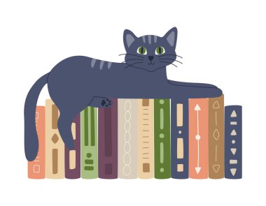 Farklı kalıplara sahip ciltli kitaplar sıraya dizilir. Kitapların üzerinde yatan sevimli kedi. Kitap sevenler için ev kütüphanesi. Beyaz arkaplanda izole edilmiş düz çizgi film vektör çizimi