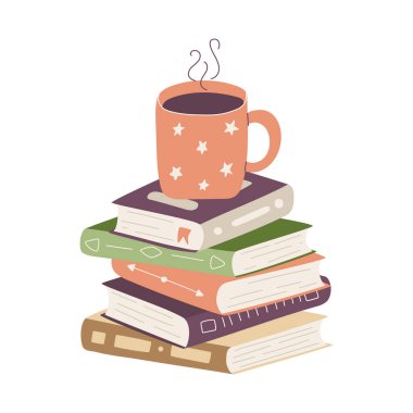 Kitap yığınının üzerinde duran çay fincanı. Kitap ayracı ve sıcak içeceği olan bir yığın kağıt kaplı kitap. Beyaz arkaplanda izole edilmiş Renkli Düz çizgi film vektör çizimi
