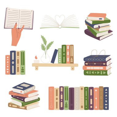 Kitaplarla ayarlanmış. Bir el kitap tutar, bir yığın kitap, rafta kitaplar, açık bir kitap. Eğitimin, eğitimin, bilimin, okumanın, öğrenmenin sembolü. Basit düz çizgi film çizimi beyaz arkaplanda izole edildi.
