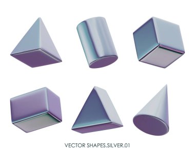 3D gerçekçi gümüş figürler. Gri, platin metalik tasarım nesneleri. Vektör dekoratif geometrik şekiller. Küp, koni, silindir, piramit. Beyaz bir arkaplanda izole edilmiş.
